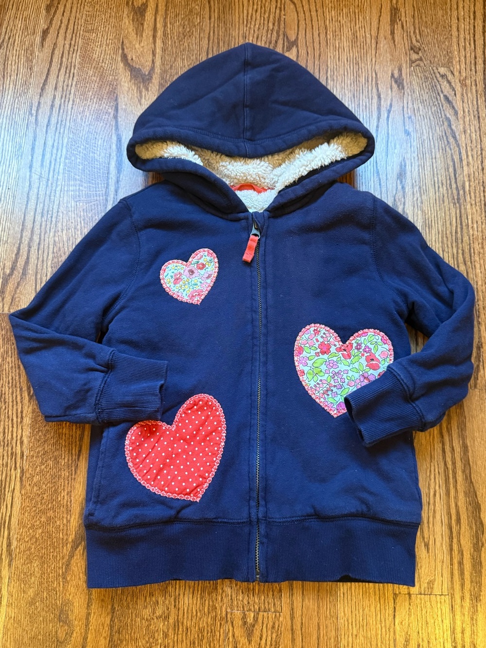 Mini Boden Heart Appliqué High Pile Fleece Lined Cotton Zip-Up Hoodie 6-7